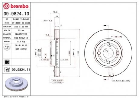 Тормозной диск вентильований Brembo 09.9824.10