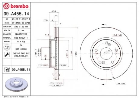Тормозной диск вентилируемый Brembo 09.A455.14
