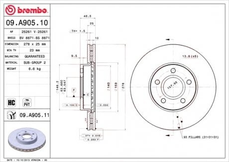 Тормозной диск вентильований Brembo 09.A905.10 (фото 1)