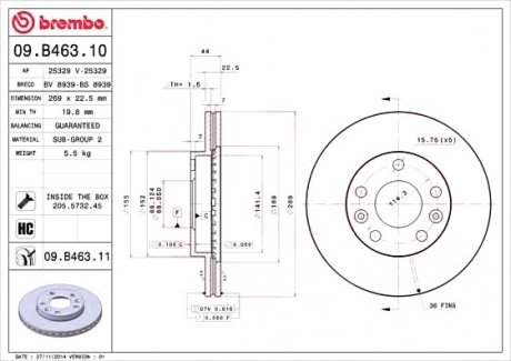 Тормозной диск вентилируемый Brembo 09.B463.10 (фото 1)