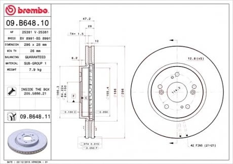 Тормозной диск вентильований Brembo 09.B648.10 (фото 1)
