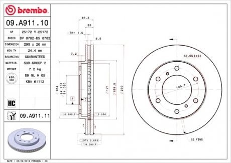 Тормозной диск вентилируемый Brembo 09.A911.10