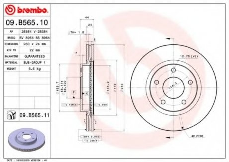 Тормозной диск вентильований Brembo 09.B565.10