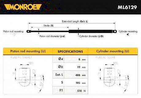 Газовая пружина, капот MONROE ML6129