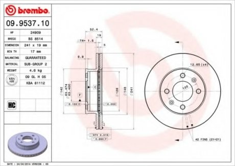 Тормозной диск Brembo 09.9537.10