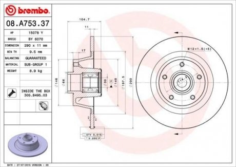 Тормозной диск Brembo 08.A753.37