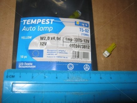 Лампа LED б/ц панель приборов, подсветки кнопок Т5-02 (1SMD) W2,0 х4,6d желтая 12V TEMPEST Tmp-33T5-12V (фото 1)