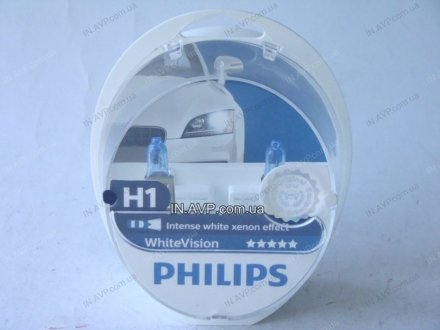 Лампа H1 WhiteVision 12V 55W P14,5s (+60) (4300K) 2шт. Philips 12258WHVSM (фото 1)