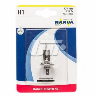 Лампа накаливания H1 12V 55W P14,5S RANGE POWER +50 (Blister 1шт) NARVA 48334B1 (фото 1)
