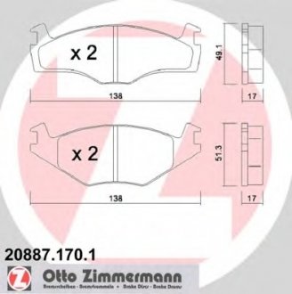 Комплект тормозных колодок, дисковый тормоз ZIMMERMANN 20887.170.1 (фото 1)
