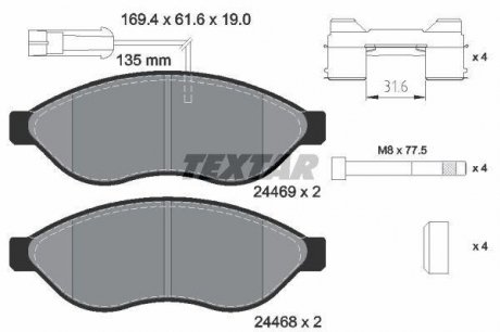 Комплект гальмівних колодок передн, CITROEN JUMPER II FIAT DUCATO OPEL MOVANO C PEUGEOT BOXER 2.0D-Electric 04.06- Textar 2446902