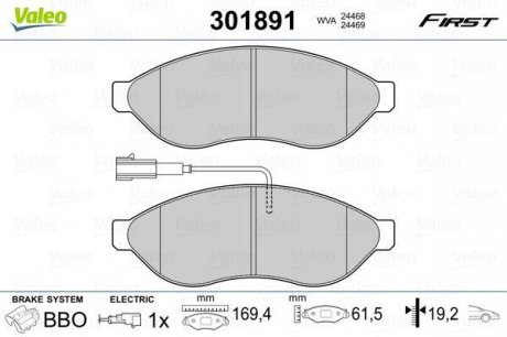 Комплект тормозных колодок, дисковый тормоз Valeo 301891