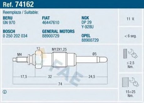 Свеча накаливания FAE 74162