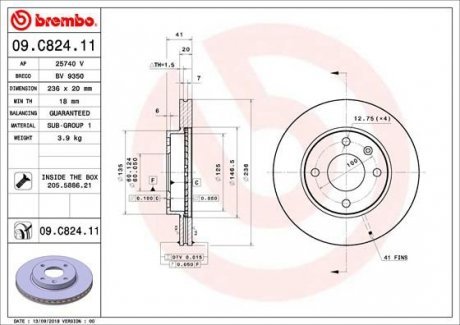 TARCZA HAMULC. OPEL KARL 15-19 PRZÓD Brembo 09.C824.11 (фото 1)