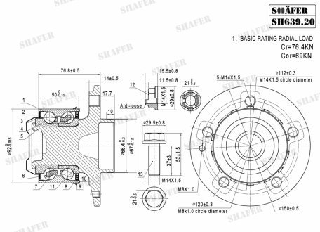 Пiдшипник ступиці переднiй + мантажний к-кт MB W639 Vaneo 03-, Viano 03- SHAFER SH63920K