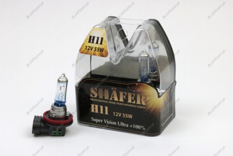Лампа H11 12V 55W PGJ19-2 Super Vision Ultra +100% (комплект, пластик. бокс 2шт) SHAFER SL3011 (фото 1)