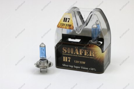 Лампа H7 12V 55W PX26D Silver top Super Vision +50% (комплект, пластик. бокс 2шт) SHAFER SL3007S